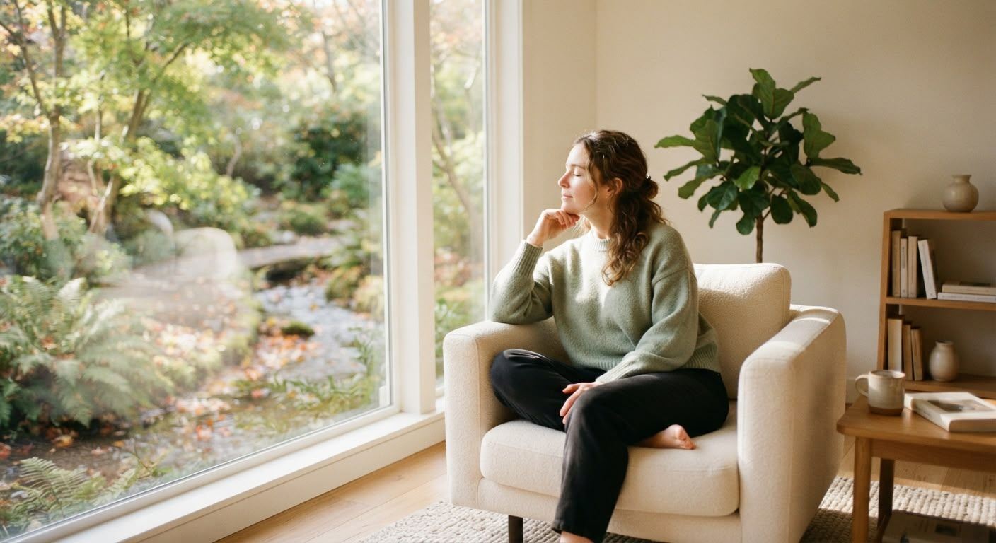 A woman relaxing in a sunlit armchair, eyes closed, looking out at a garden.