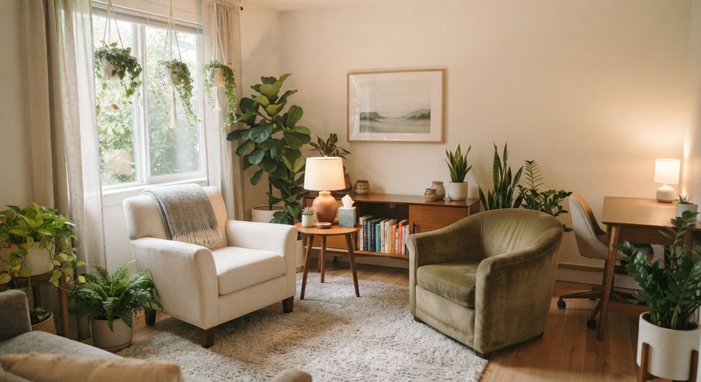 A calm, plant-filled therapy room with soft lighting.