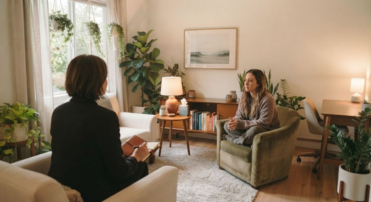 A calm, plant-filled therapy office where a client and therapist sit in armchairs during a session.